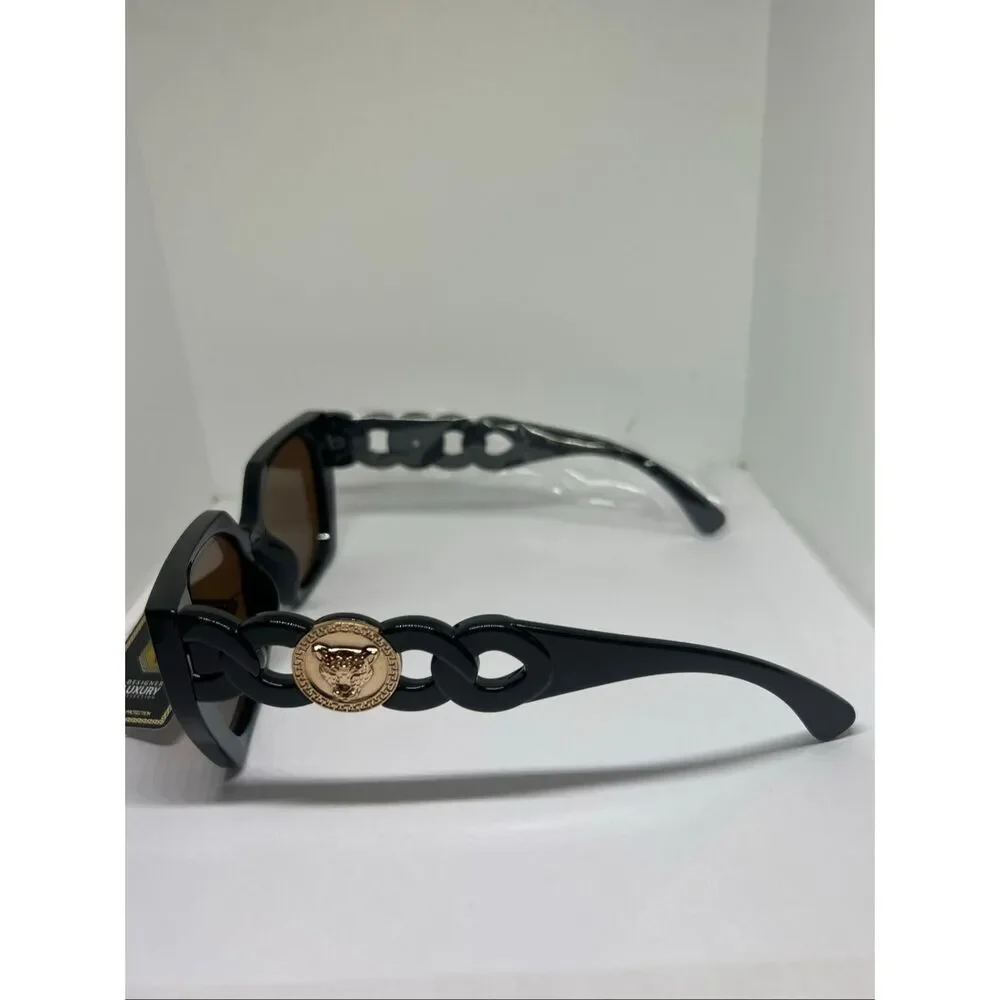 Oversized Black Sunglasses Gold Medallion Chain Arm UV400 Glam Chic